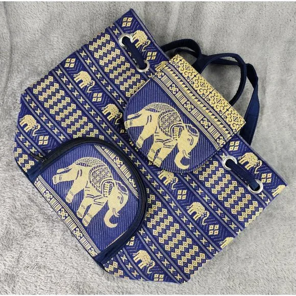 Thai Backpack Womens Blue Gold Indie Elephant Pattern Lightweight Drawstring